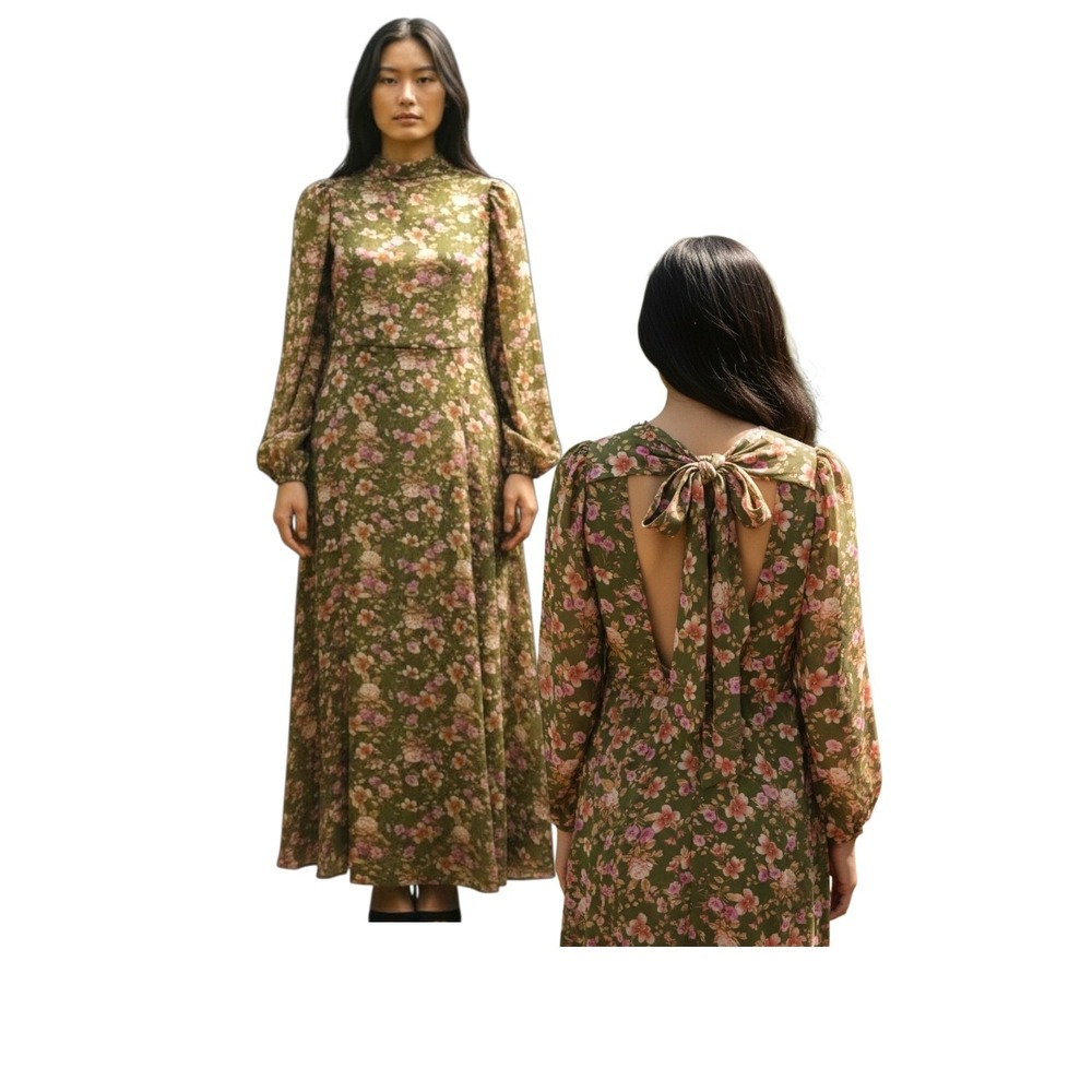F21 Womens Olive Green‎ Floral Open Back Tie Maxi Dress SZ
 M Puff Sleeve NWT